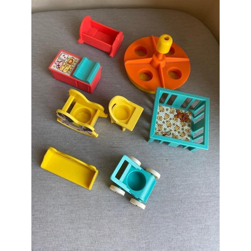Fisher Price Little People Furniture Lot Of 8 Crib Cradle Rocking Horse 1972 Toy